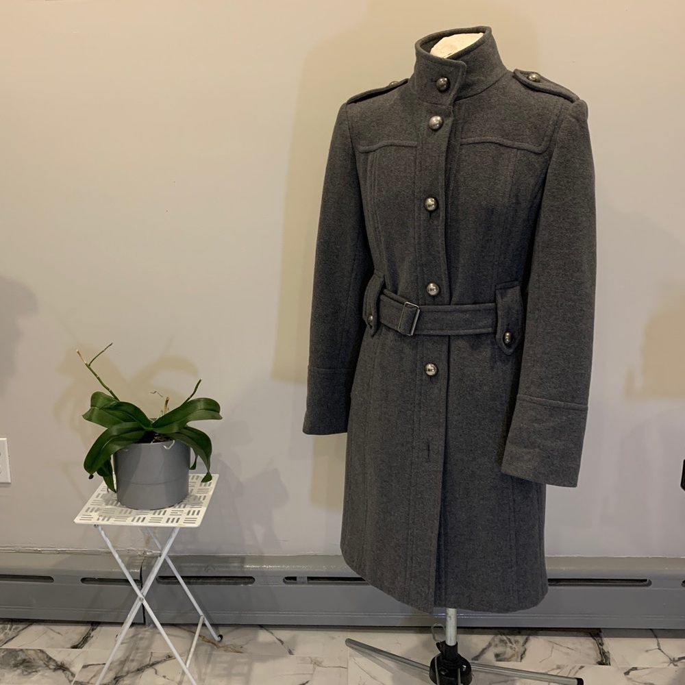 Tommy Hilfiger gray wool military style mid length winter coat